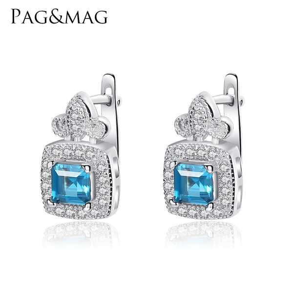 Square Sky Blue Gemstone Halo CZ Diamond Hoop Earrings