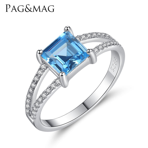 Sky Blue Square Gemstone Double Row CZ Diamond Wedding Ring 
