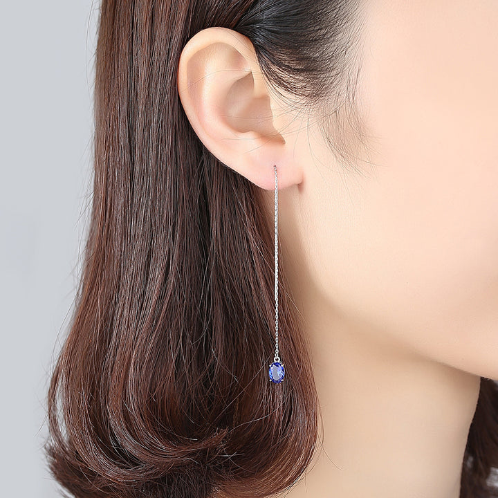 Oval Gemstones Long Line Tassel Dangle Earrings Chain