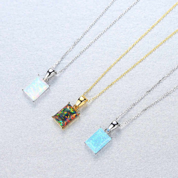 Rectangle Opal Pendant Necklace | 925 Sterling Silver 