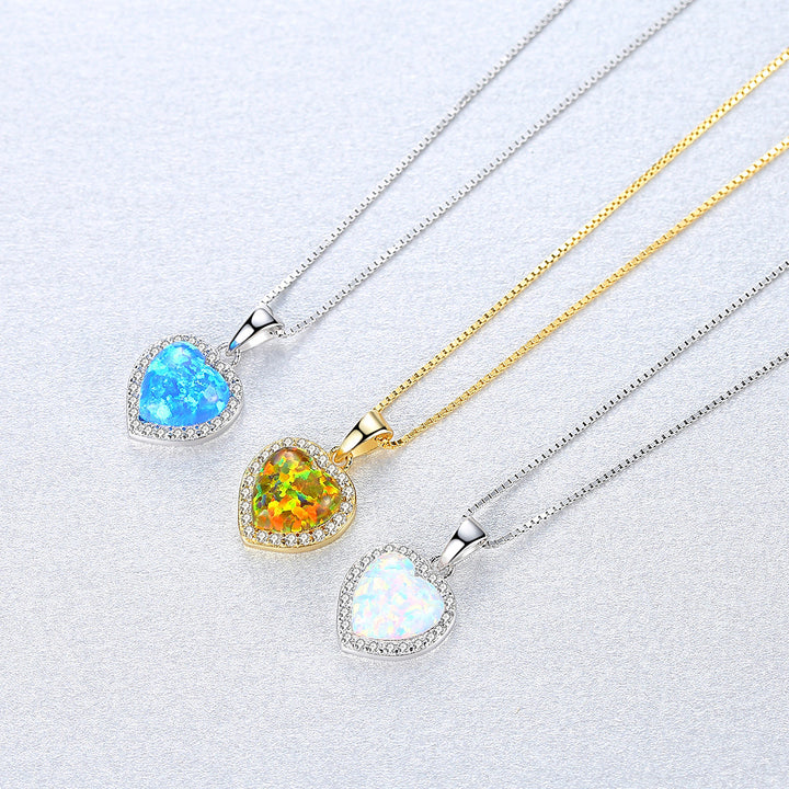  CZ Diamond Heart Opal Pendant Necklace - PAG & MAG Jewelry