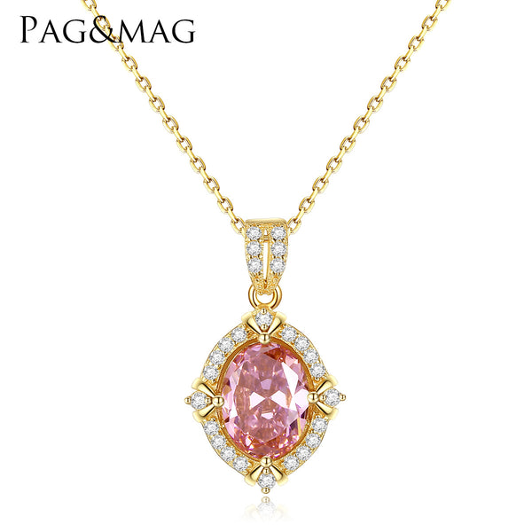 Oval Pink Gemstone Halo CZ Diamond Pendant Necklace
