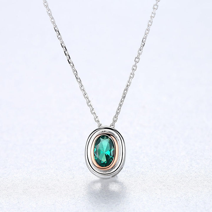 Two Tones Rose Gold Oval Green Gemstone Pendant Necklace