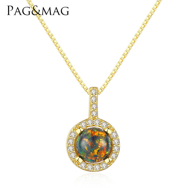Round CZ Diamond Ball Opal Pendant Necklace |  Sterling Silver