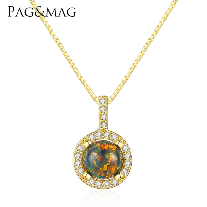 Round CZ Diamond Ball Opal Pendant Necklace |  Sterling Silver
