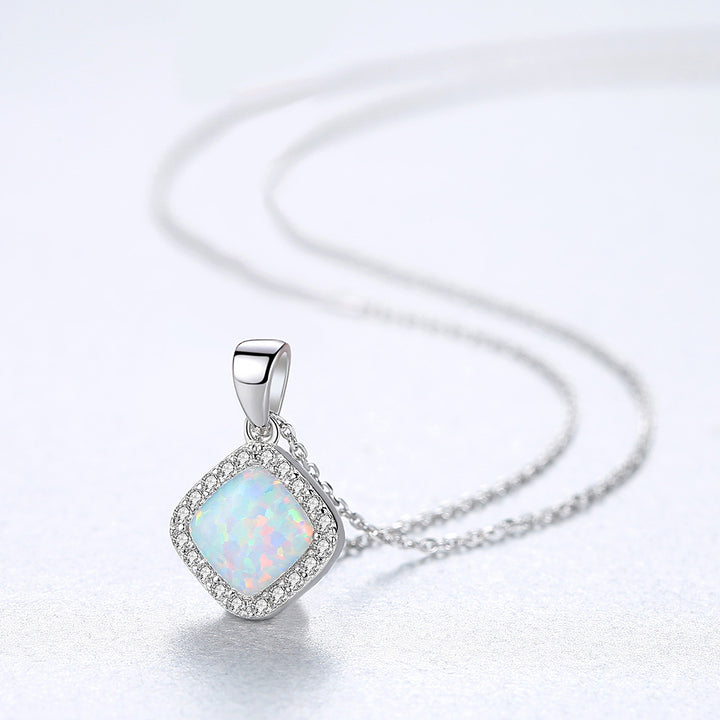 Square Halo CZ Diamond Opal Pendant Necklace