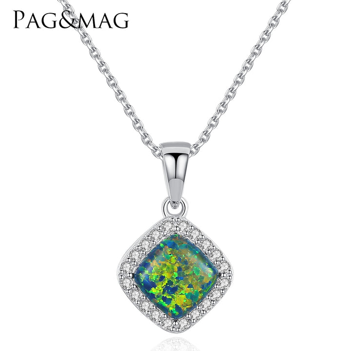 Square Halo CZ Diamond Opal Pendant Necklace