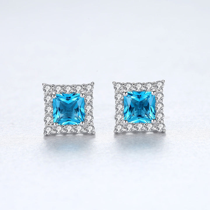 Square Blue Gemstone Halo CZ Diamond Stud Earrings