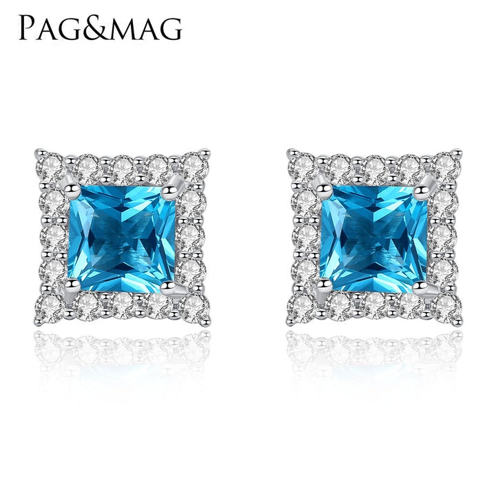 Square Blue Gemstone Halo CZ Diamond Stud Earrings