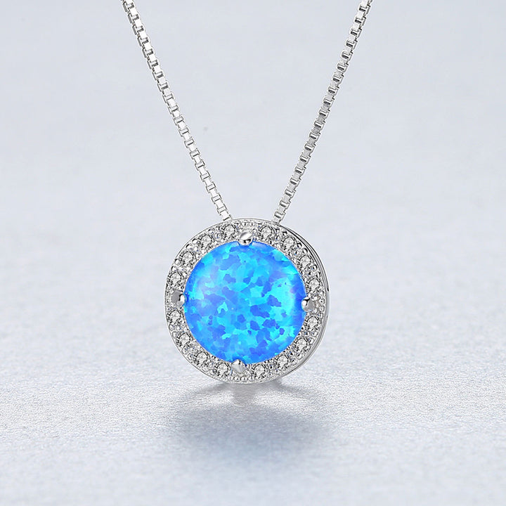Round Halo CZ Diamond Opal Pendant Necklace