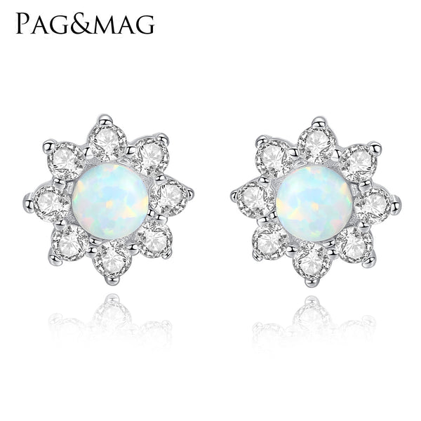 925 Sterling Silver Opal Earrings, Elegant Flower CZ Diamond Opal Stud Earrings SE0236
