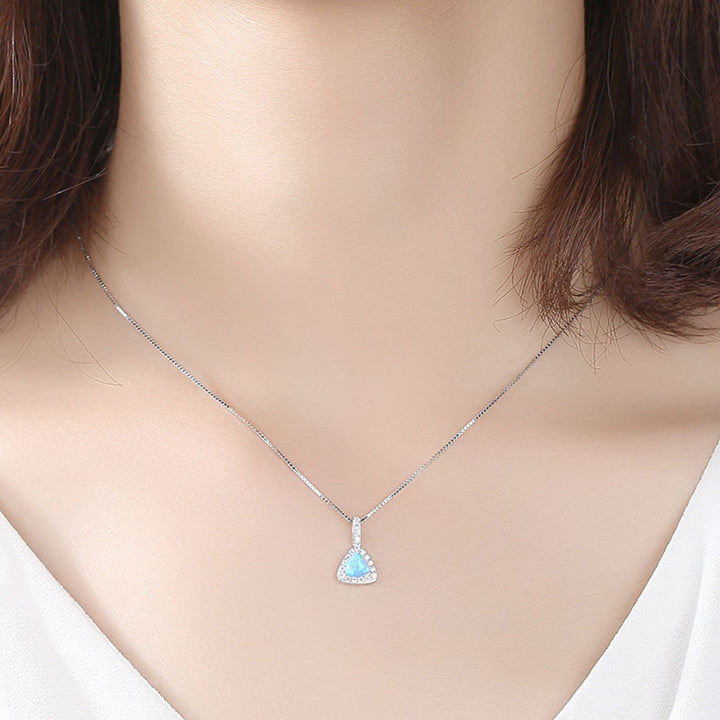 Triangle Halo CZ Diamond Opal Pendant Necklace