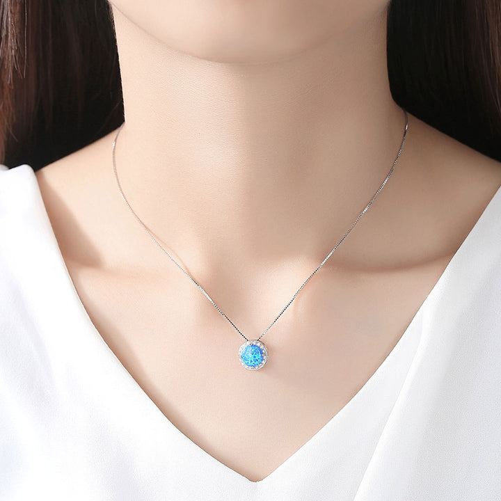 Round Halo CZ Diamond Opal Pendant Necklace