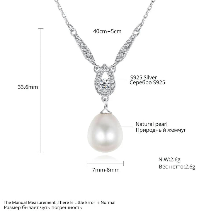 925 Sterling Silver Natural Freshwater Pearl Necklace Pear Shaped Solitaire CZ Diamond Pendant Necklace