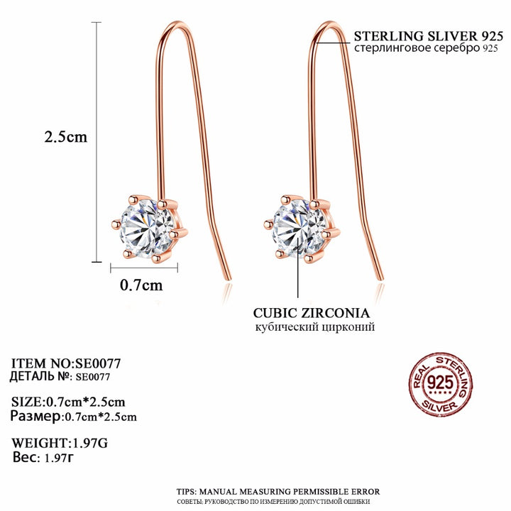Rose Gold 6 Prongs Solitaire Hook Drop Earrings | Silver