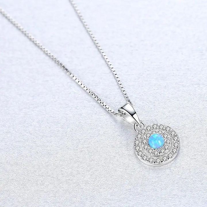 Round Double Layer Halo CZ Diamond Ball Opal Pendant Necklace