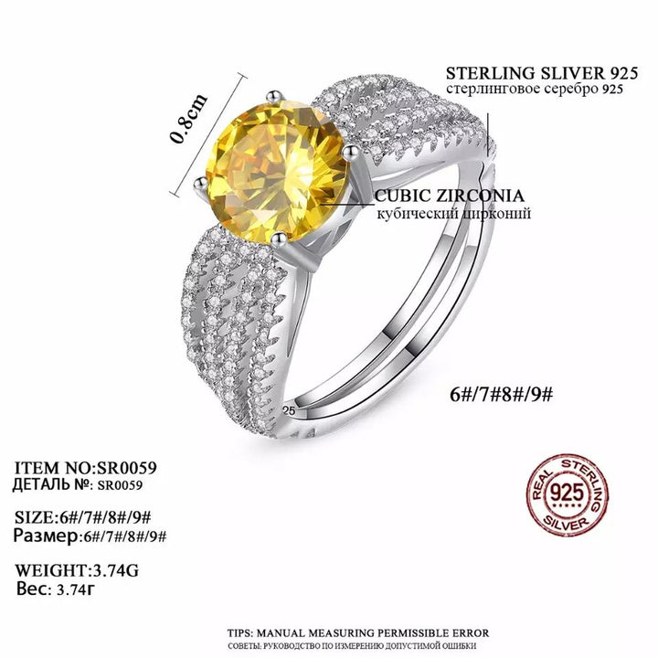 Four Row Yellow CZ Diamond Solitaire Engagement Wedding Ring