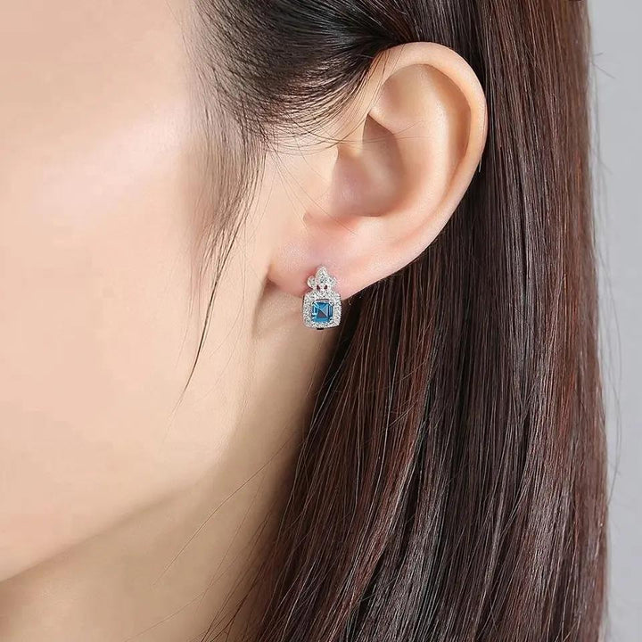 Square Sky Blue Gemstone Halo CZ Diamond Hoop Earrings