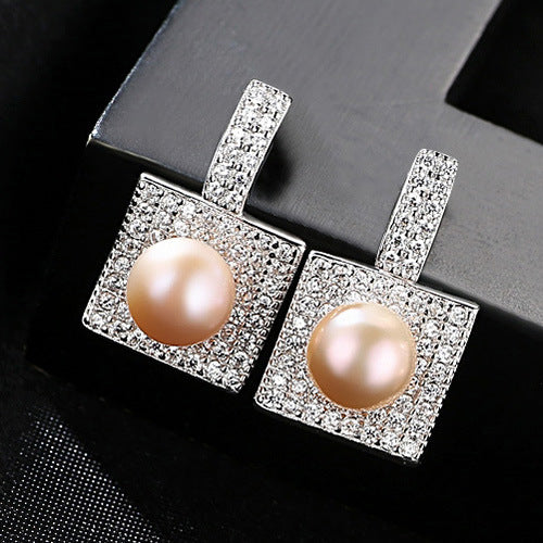 Square Halo & Freshwater Pearl Studs | 925 Sterling Silver