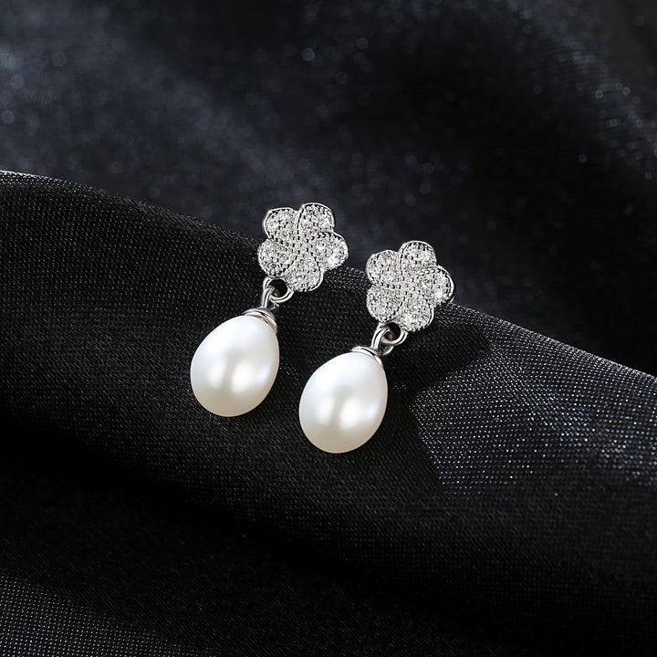 Halo CZ Diamond Flower & Pearl Drop Earrings | Sterling Silver