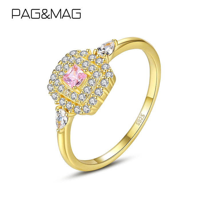 Pink CZ Diamond Halo Square Ring | 925 Sterling Silver