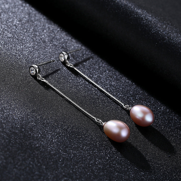Bezel Set CZ & Pearl Long Dangle Earrings | Sterling Silver