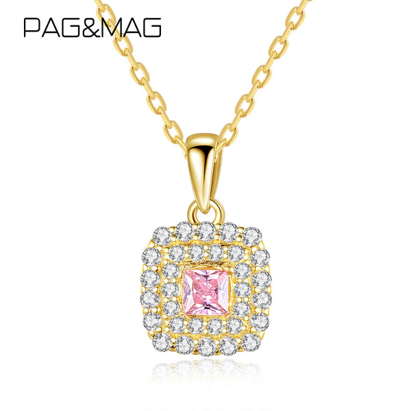Pink Square CZ Diamond Halo Pendant Necklace