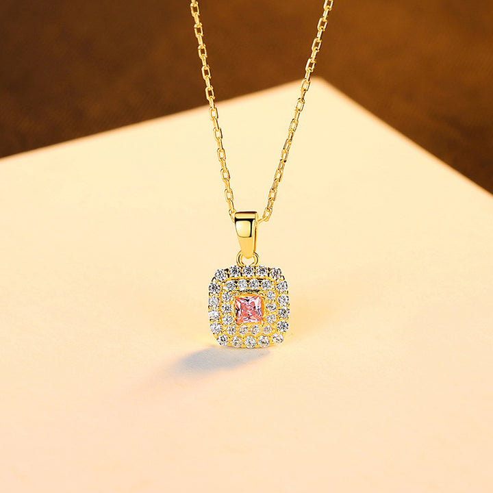 Pink Square CZ Diamond Halo Pendant Necklace