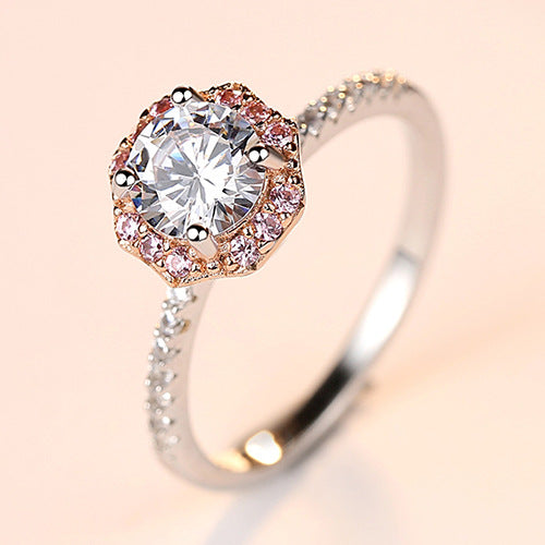 4 Prong Solitaire Single Row Pink CZ Diamond Engagement Ring