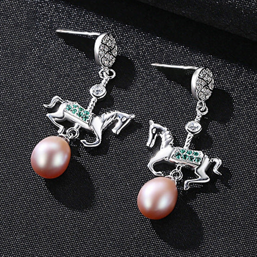Lovely Horse & CZ Diamond Pearl Drops | 925 Sterling Silver