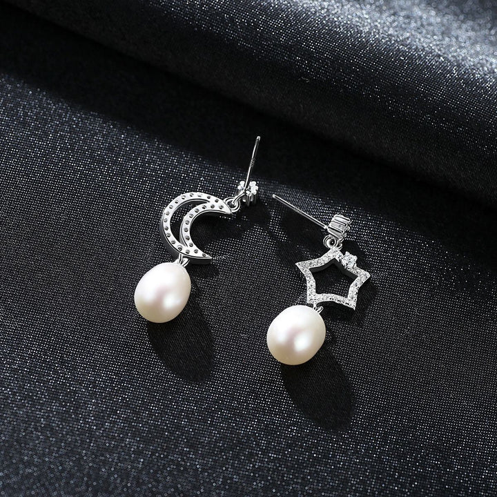 Moon & Star CZ Pearl Drop Earrings | 925 Sterling Silver