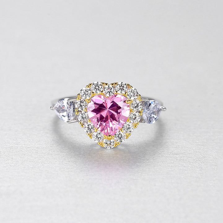 Pink Heart Halo Engagement Wedding Ring | Sterling Silver