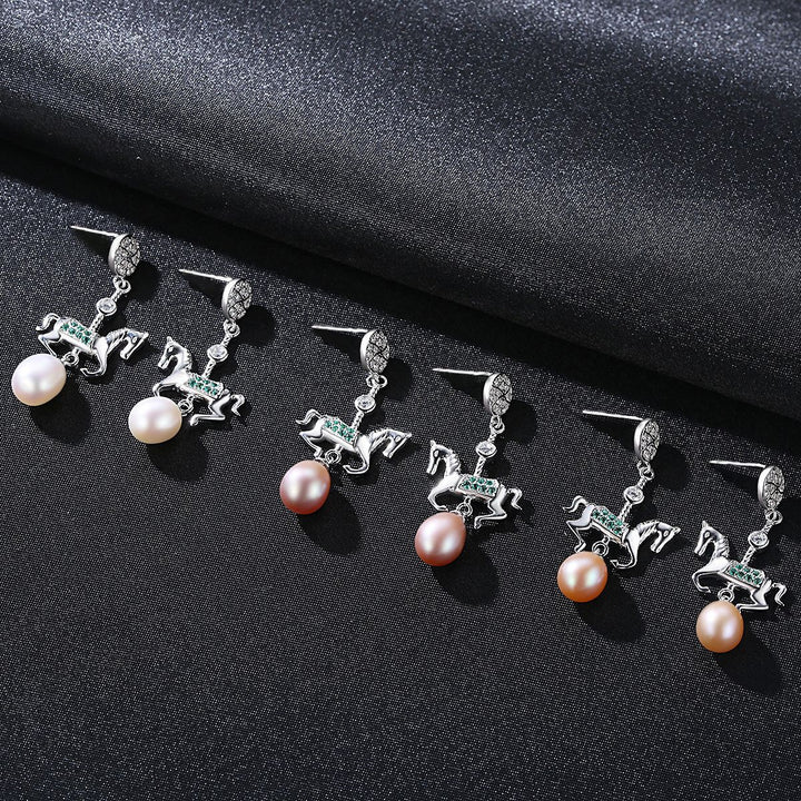 Lovely Horse & CZ Diamond Pearl Drops | 925 Sterling Silver